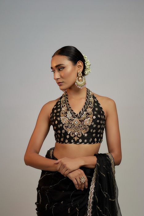 A model showcasing Golconda Black Rida Saree Set by Gopi Vaid from Gopi Vaid's collection