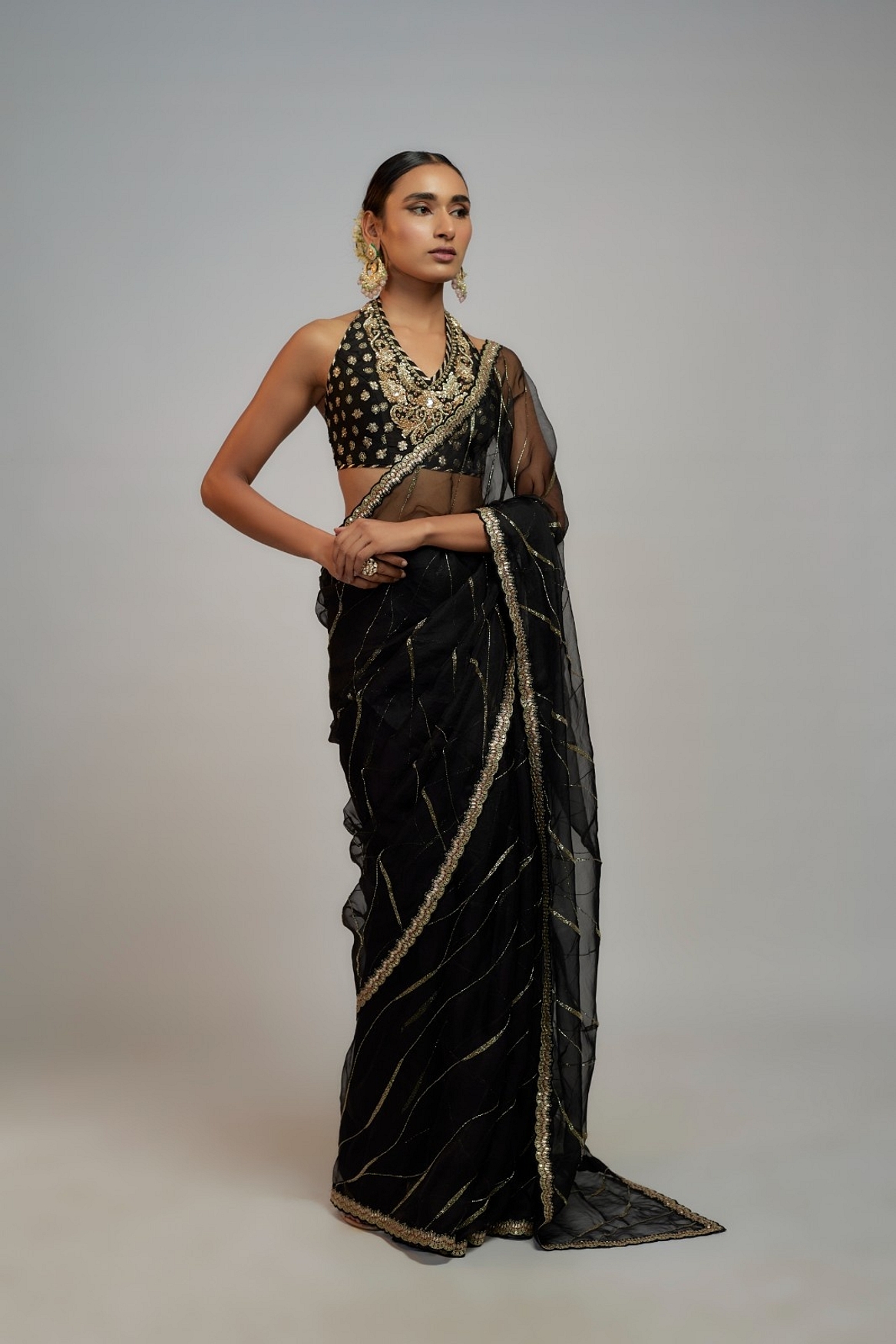 A model showcasing Golconda Black Rida Saree Set Feature image by Gopi Vaid from Gopi Vaid's collection