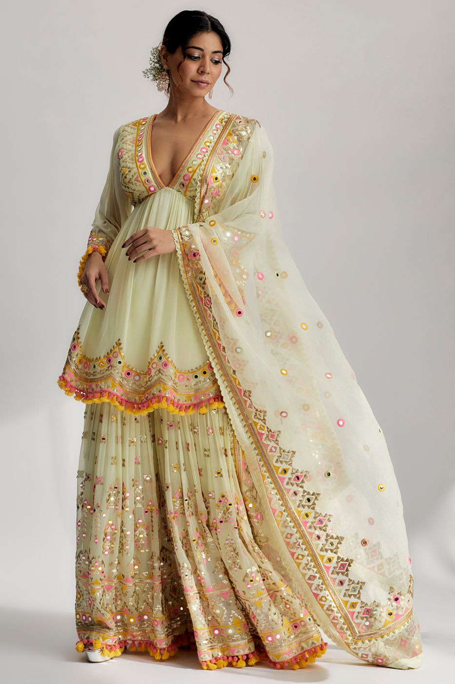 A model showcasing Mint Zohra Peplum With Sharara Set Feature image by Gopi Vaid from Gopi Vaid's collection
