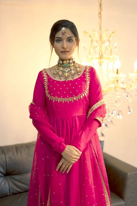 A model showcasing Magenta Gathered Kurta Set by Foram Patel from Foram Patel's collection