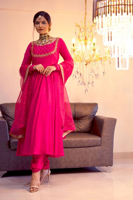 A model showcasing Magenta Gathered Kurta Set by Foram Patel from Foram Patel's collection