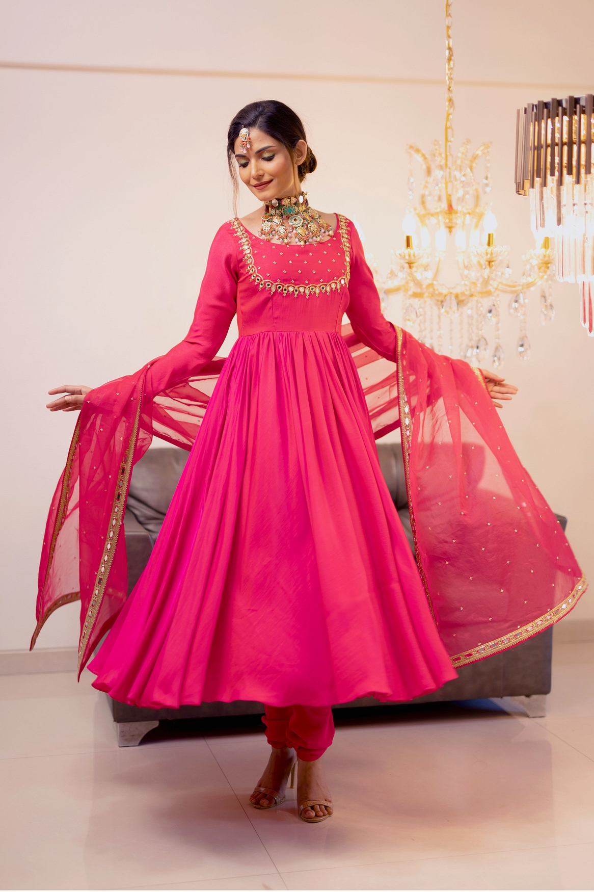 A model showcasing Magenta Gathered Kurta Set Feature image by Foram Patel from Foram Patel's collection