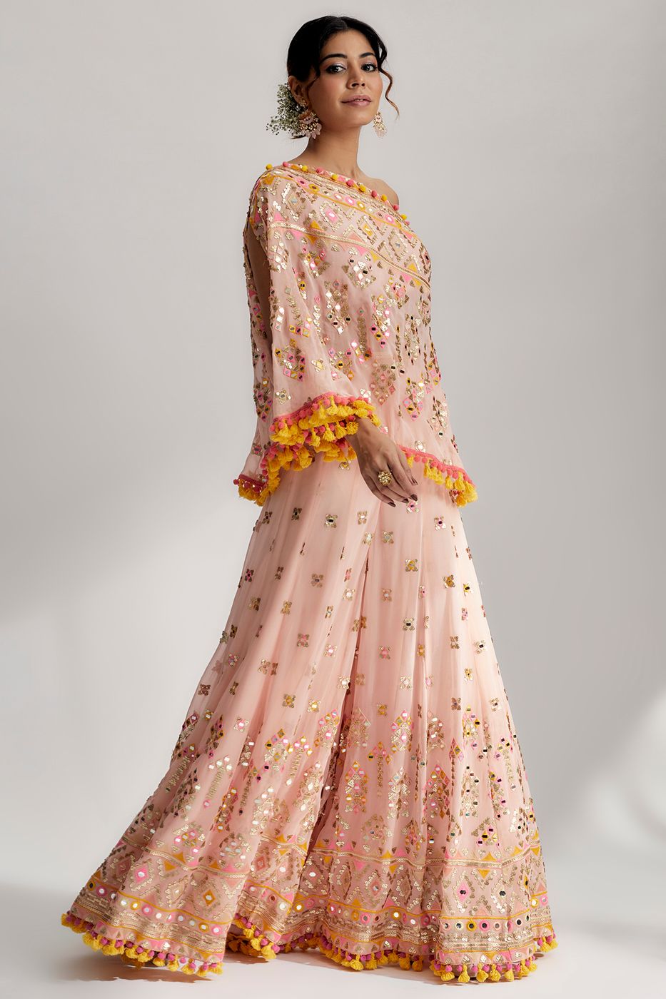 A model showcasing Pink Kaveer Flared Pants Set Feature image by Gopi Vaid from Gopi Vaid's collection