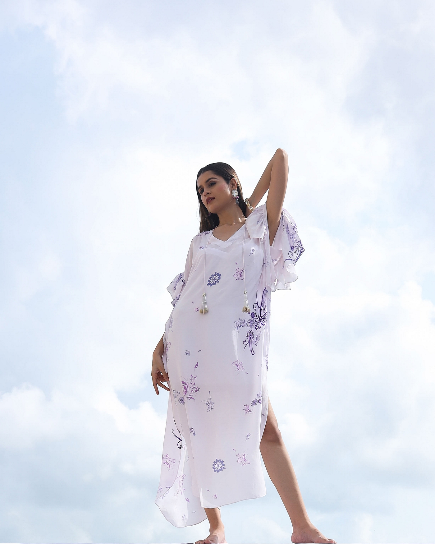 A model showcasing White Paisley Print Kaftan Feature image by Foram Patel from Foram Patel's collection