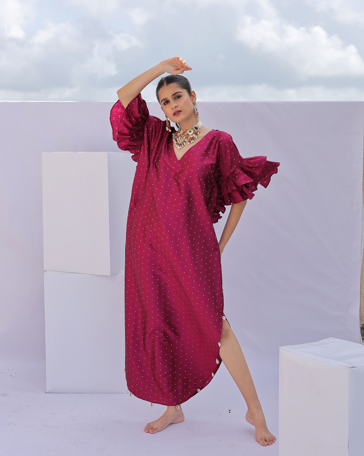 A model showcasing Pink Brocade Kaftan Feature image by Foram Patel from Foram Patel's collection