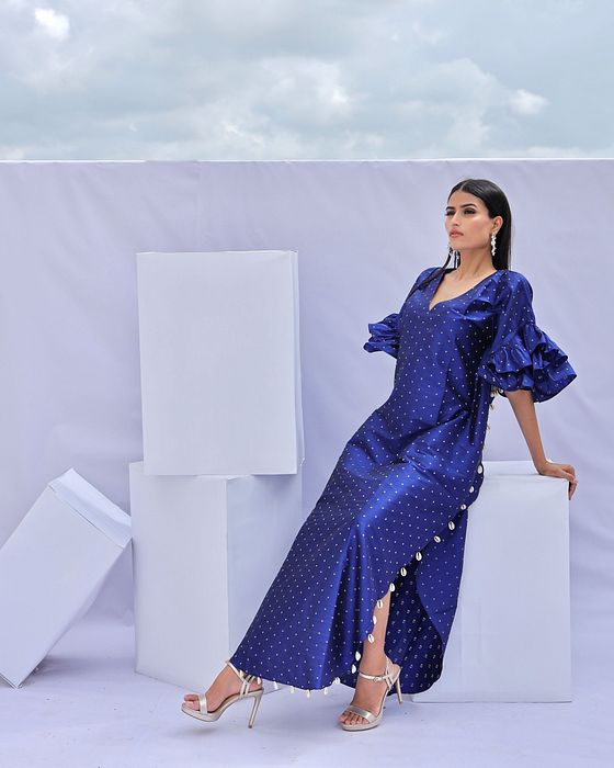 A model showcasing Electric Blue Brocade Kaftan Feature image by Foram Patel from Foram Patel's collection