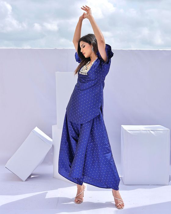 A model showcasing Electric Blue Brocade Embroidered Coordset by Foram Patel from Foram Patel's collection