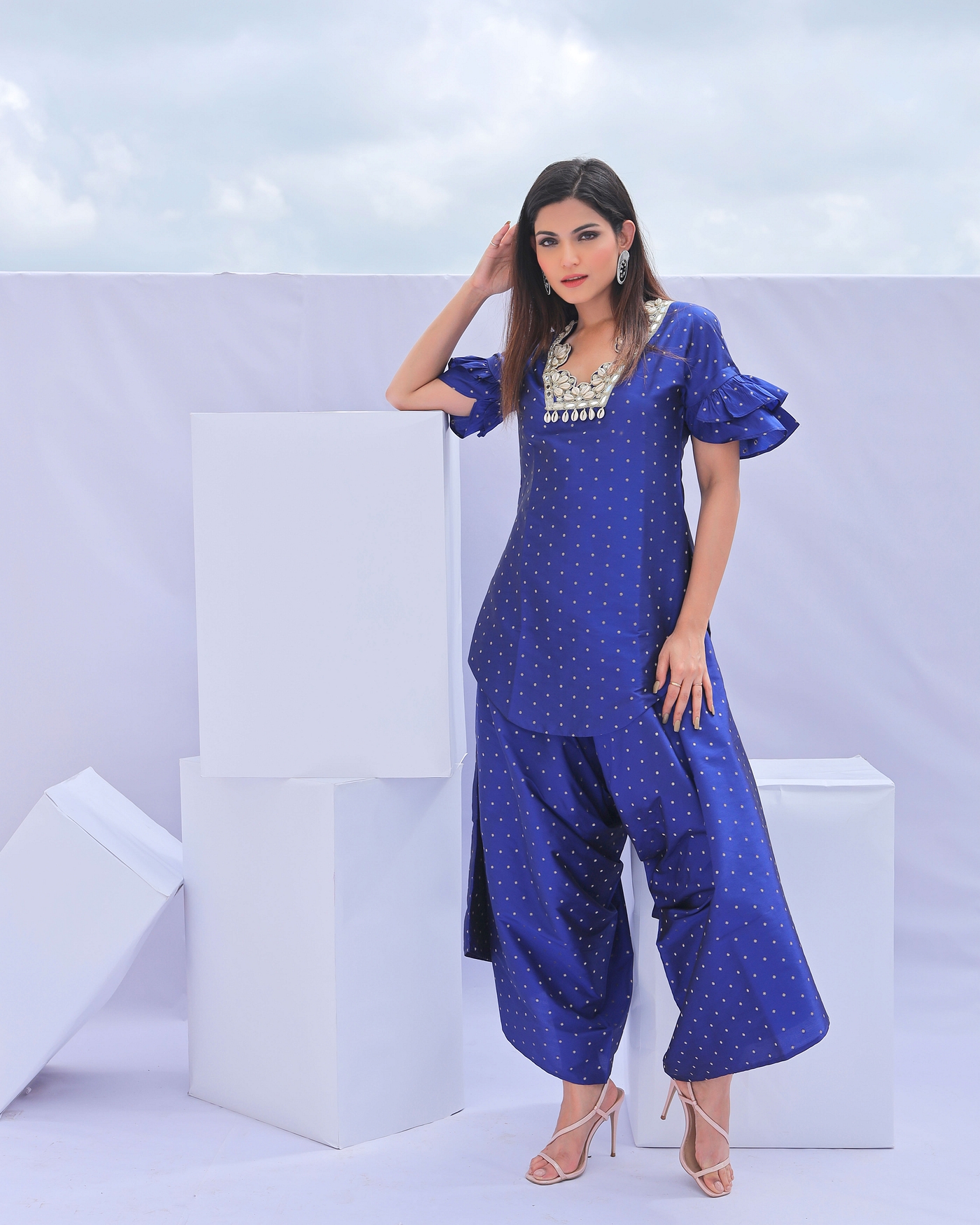A model showcasing Electric Blue Brocade Embroidered Coordset Feature image by Foram Patel from Foram Patel's collection