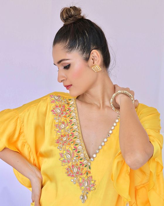 A model showcasing Yellow With Multi Colour Embroidered Coordset by Foram Patel from Foram Patel's collection