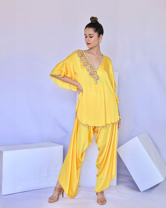 A model showcasing Yellow With Multi Colour Embroidered Coordset by Foram Patel from Foram Patel's collection