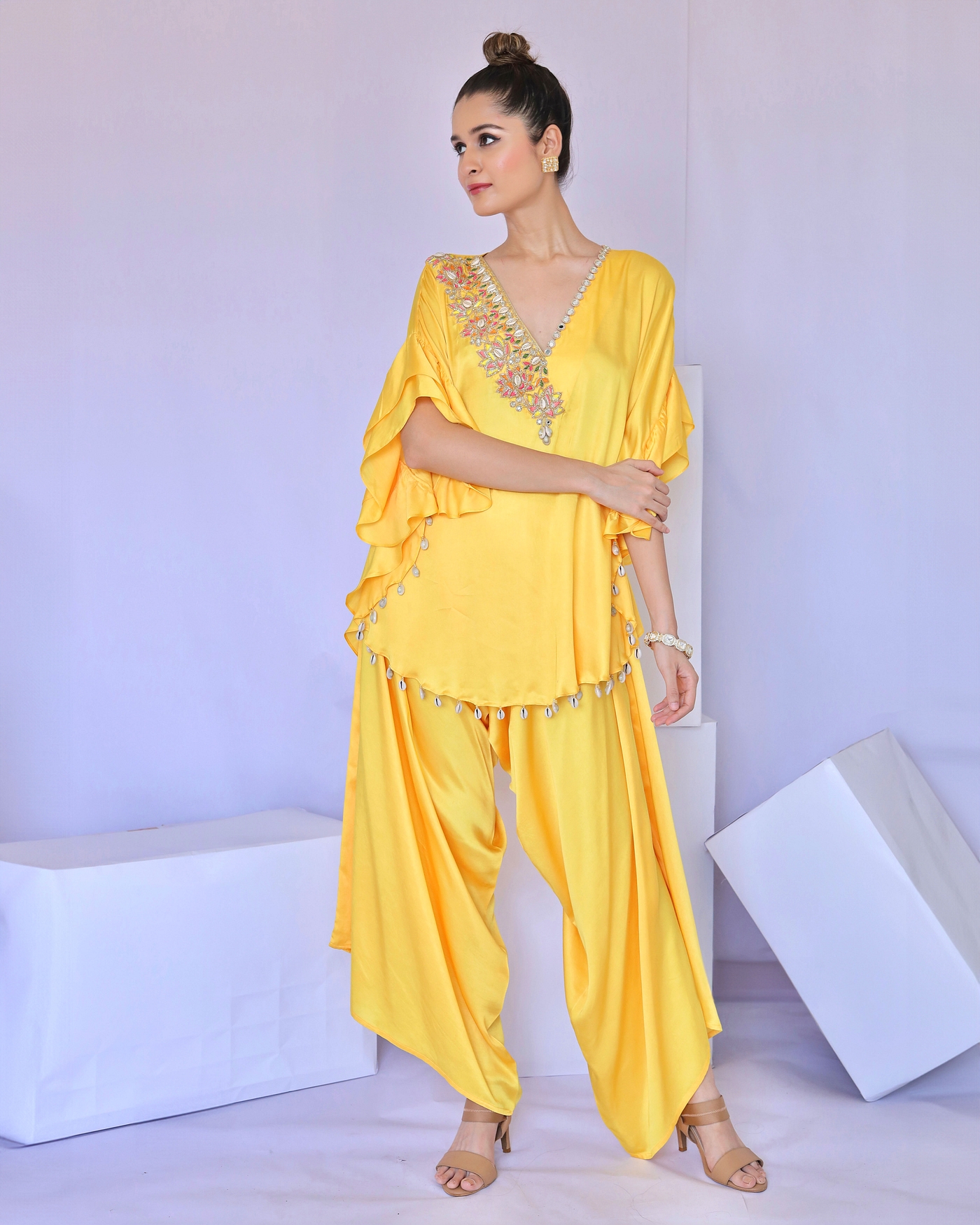 A model showcasing Yellow With Multi Colour Embroidered Coordset Feature image by Foram Patel from Foram Patel's collection