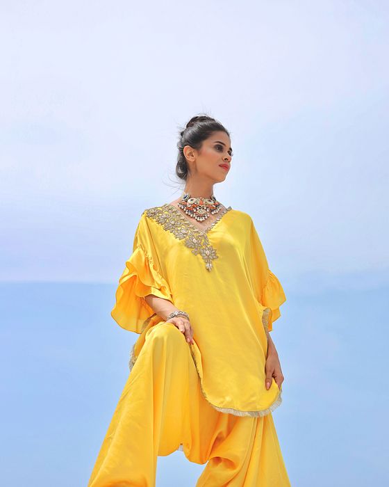 A model showcasing Yellow With Gold Embroidered Coordset by Foram Patel from Foram Patel's collection
