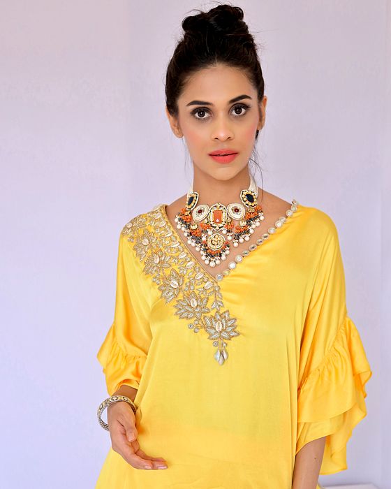 A model showcasing Yellow With Gold Embroidered Coordset by Foram Patel from Foram Patel's collection