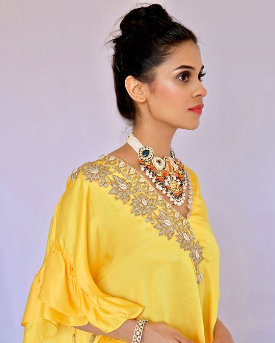 A model showcasing Yellow With Gold Embroidered Coordset by Foram Patel from Foram Patel's collection