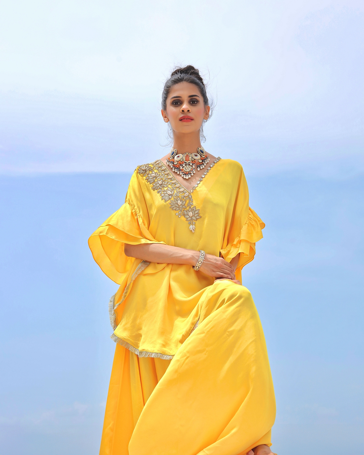 A model showcasing Yellow With Gold Embroidered Coordset Feature image by Foram Patel from Foram Patel's collection