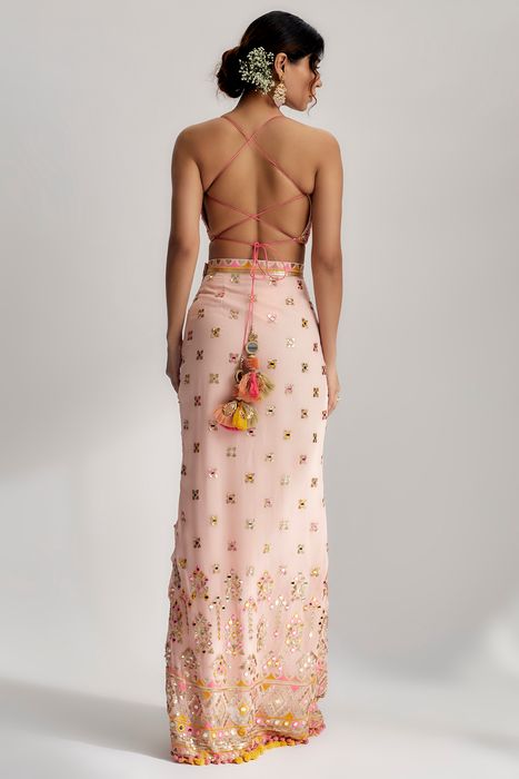 A model showcasing Arari Skirt Set In Pink by Gopi Vaid from Gopi Vaid's collection