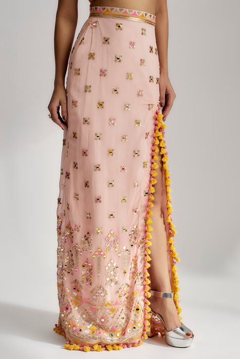 A model showcasing Arari Skirt Set In Pink by Gopi Vaid from Gopi Vaid's collection