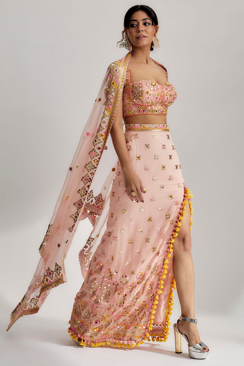 A model showcasing Arari Skirt Set In Pink Feature image by Gopi Vaid from Gopi Vaid's collection
