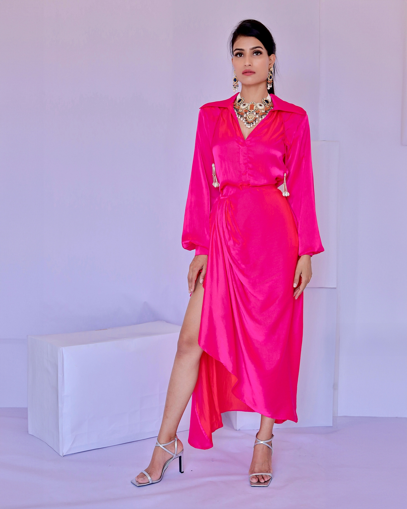 A model showcasing Solid Pink Wrap Dress Feature image by Foram Patel from Foram Patel's collection
