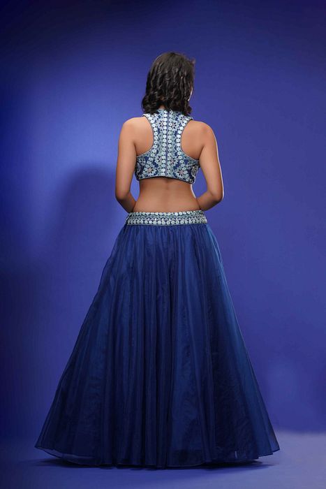 A model showcasing Blue Racer Blouse With Lehenga by Shruti S Label from Shruti S Label's collection