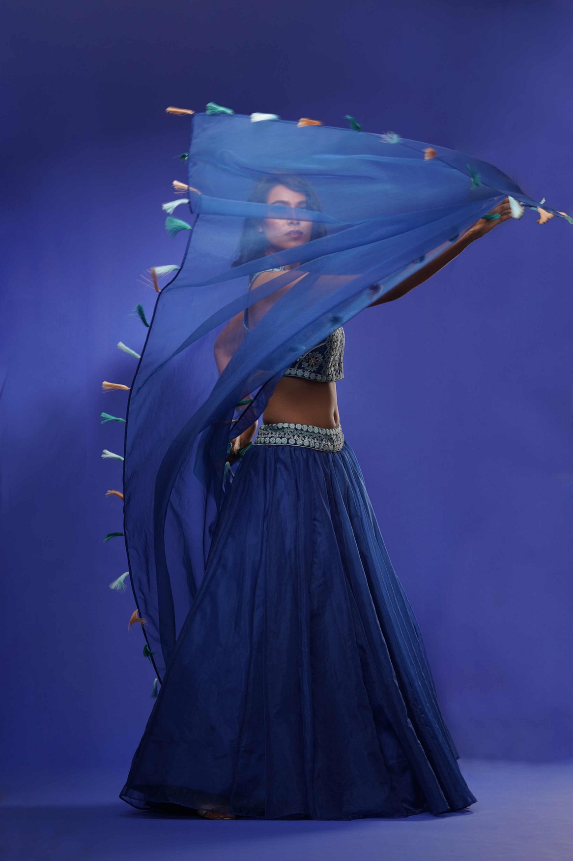 A model showcasing Blue Racer Blouse With Lehenga Feature image by Shruti S Label from Shruti S Label's collection