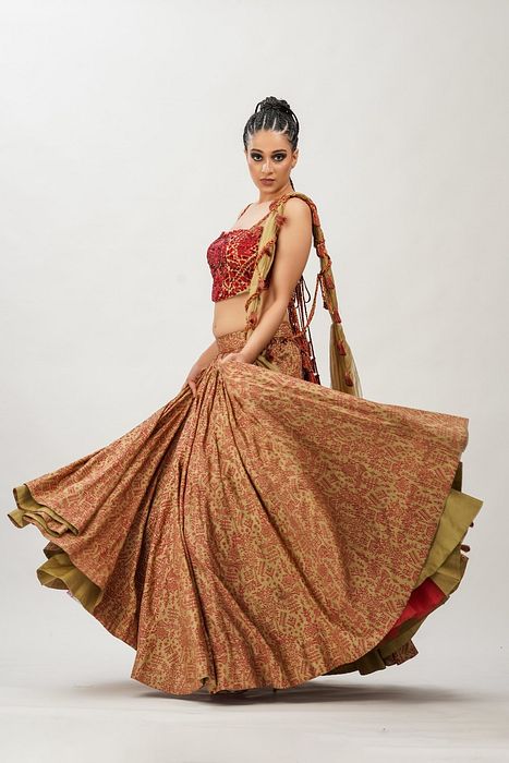 A model showcasing Red Embroidery With Hand Painted Lehenga by Shruti S Label from Shruti S Label's collection