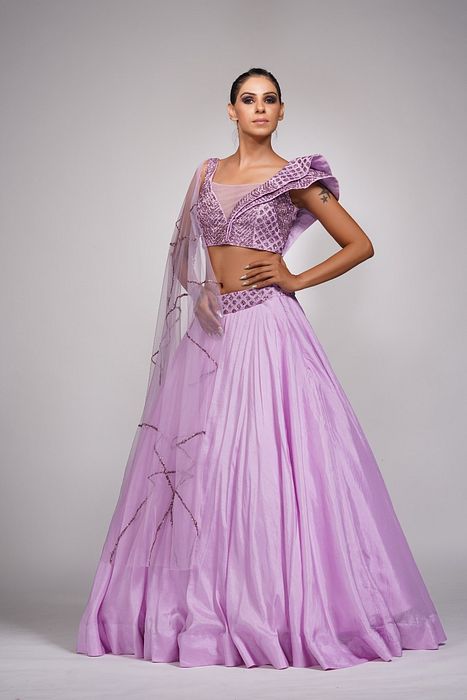 A model showcasing Lilac Lehenga Gown For Cocktail Sangeet by Shruti S Label from Shruti S Label's collection