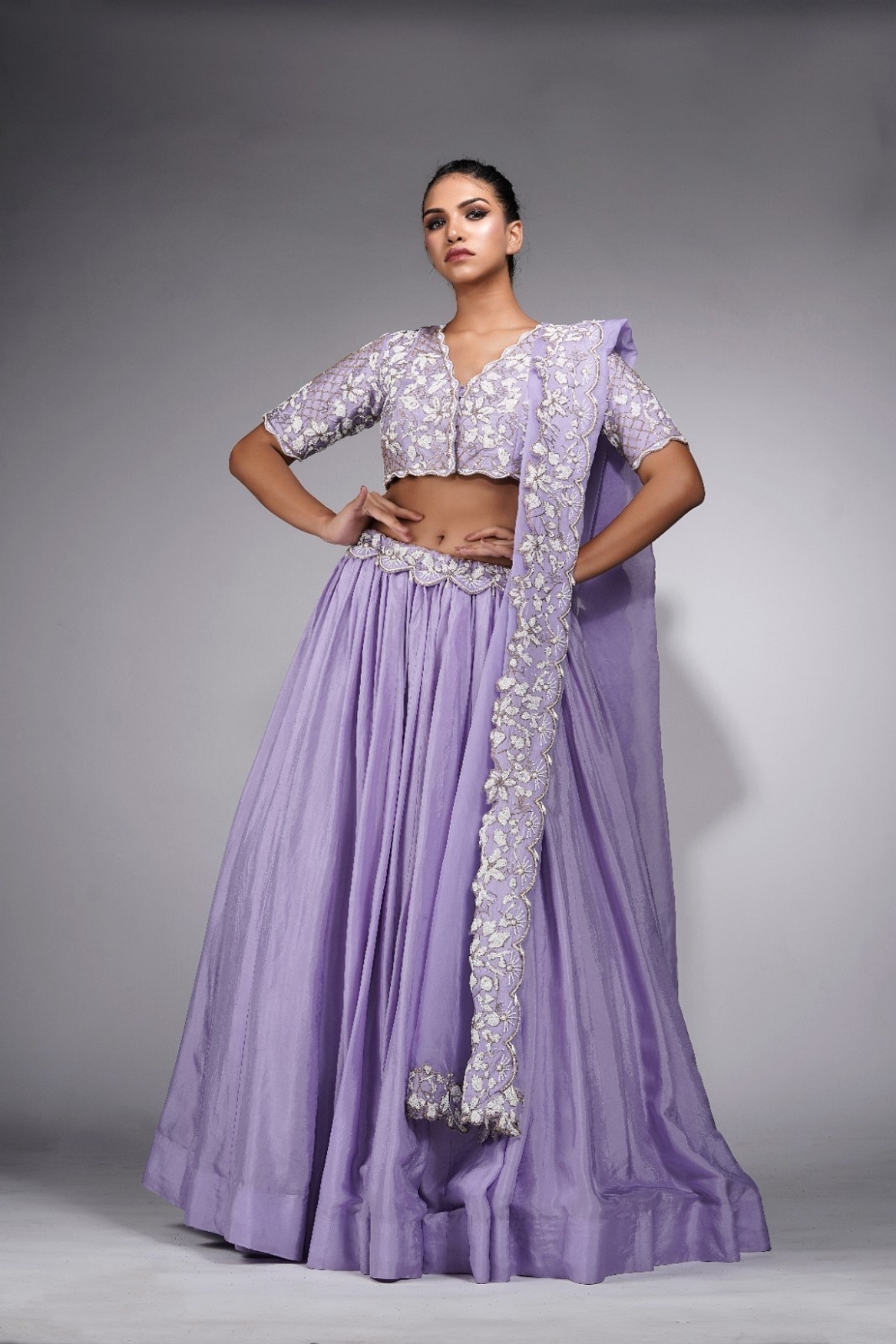 A model showcasing Lavender Lehenga With White Embroidery Feature image by Shruti S Label from Shruti S Label's collection