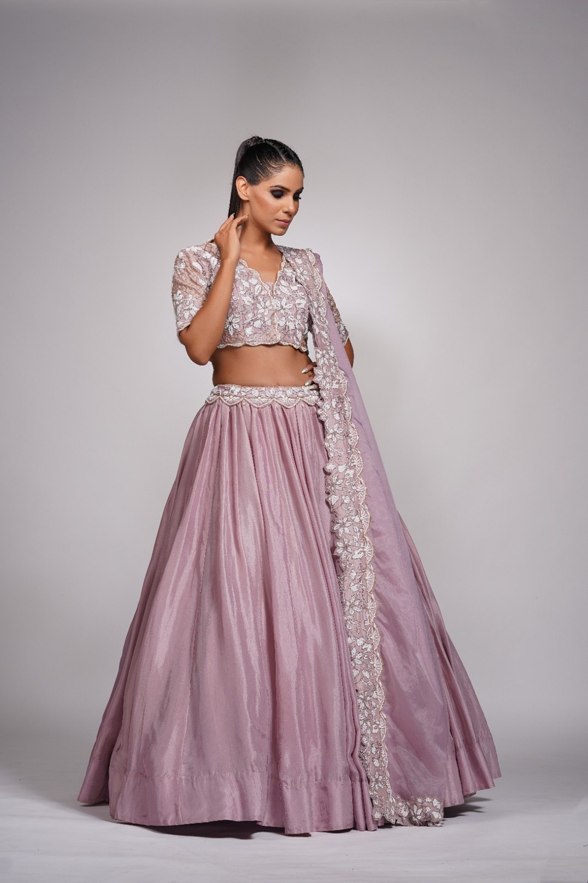 A model showcasing Lilac Lehenga With White Embroidery Feature image by Shruti S Label from Shruti S Label's collection