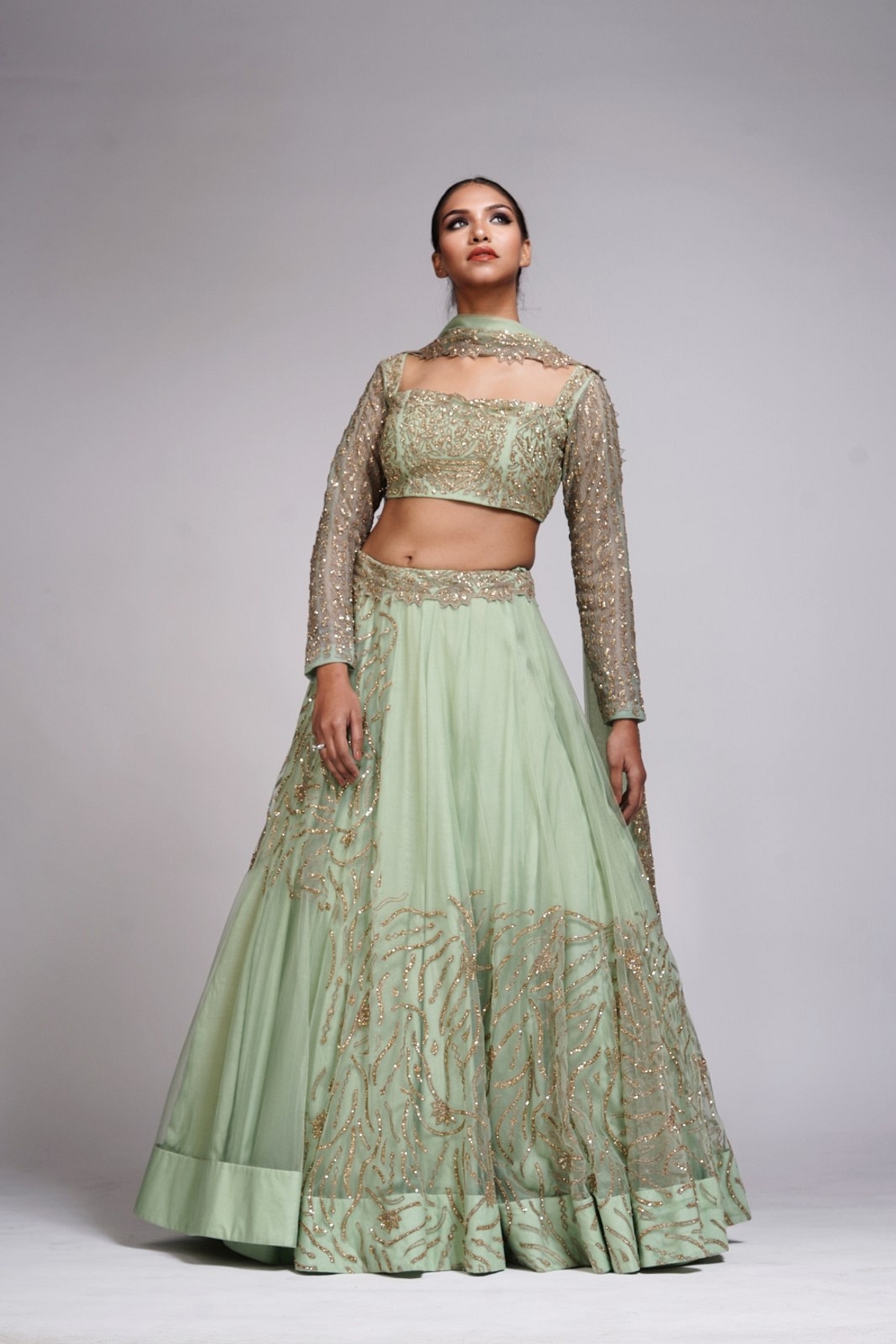 A model showcasing Pastel Green Zari Lehenga Feature image by Shruti S Label from Shruti S Label's collection