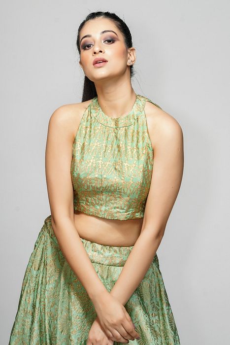 A model showcasing Metallic Hand Block Print Lehenga Sage Green by Shruti S Label from Shruti S Label's collection