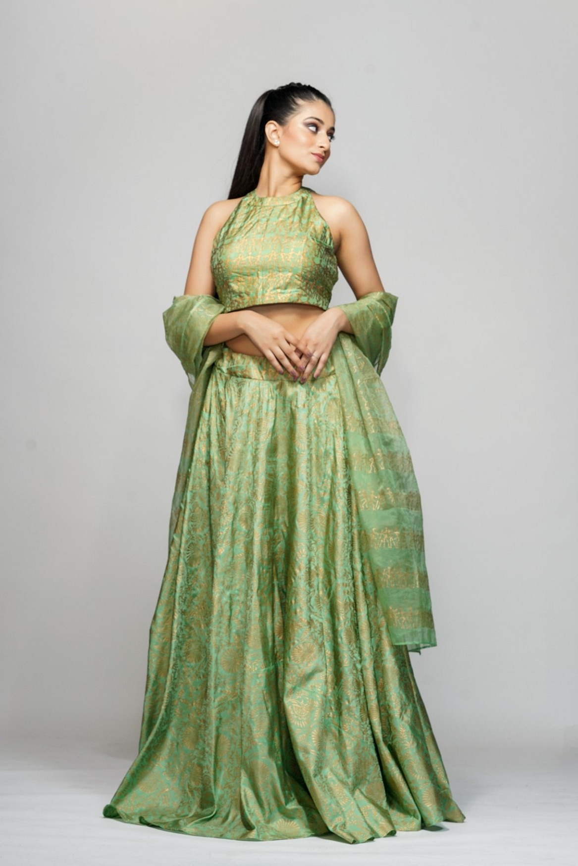 A model showcasing Metallic Hand Block Print Lehenga Sage Green Feature image by Shruti S Label from Shruti S Label's collection