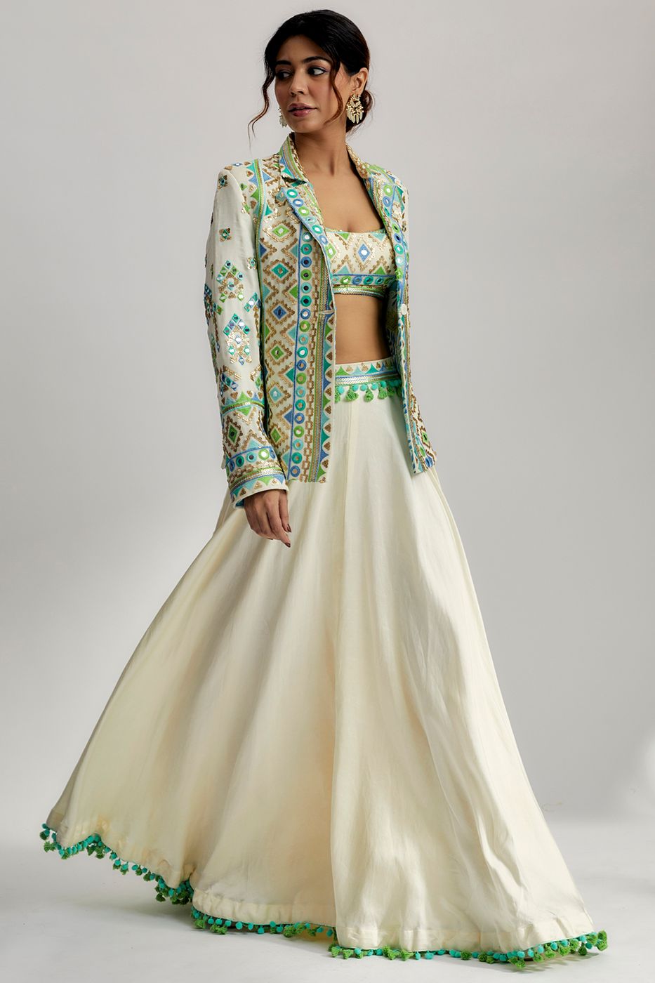 A model showcasing Laira Balzer Set With Victorian Skirt In Ivory Feature image by Gopi Vaid from Gopi Vaid's collection