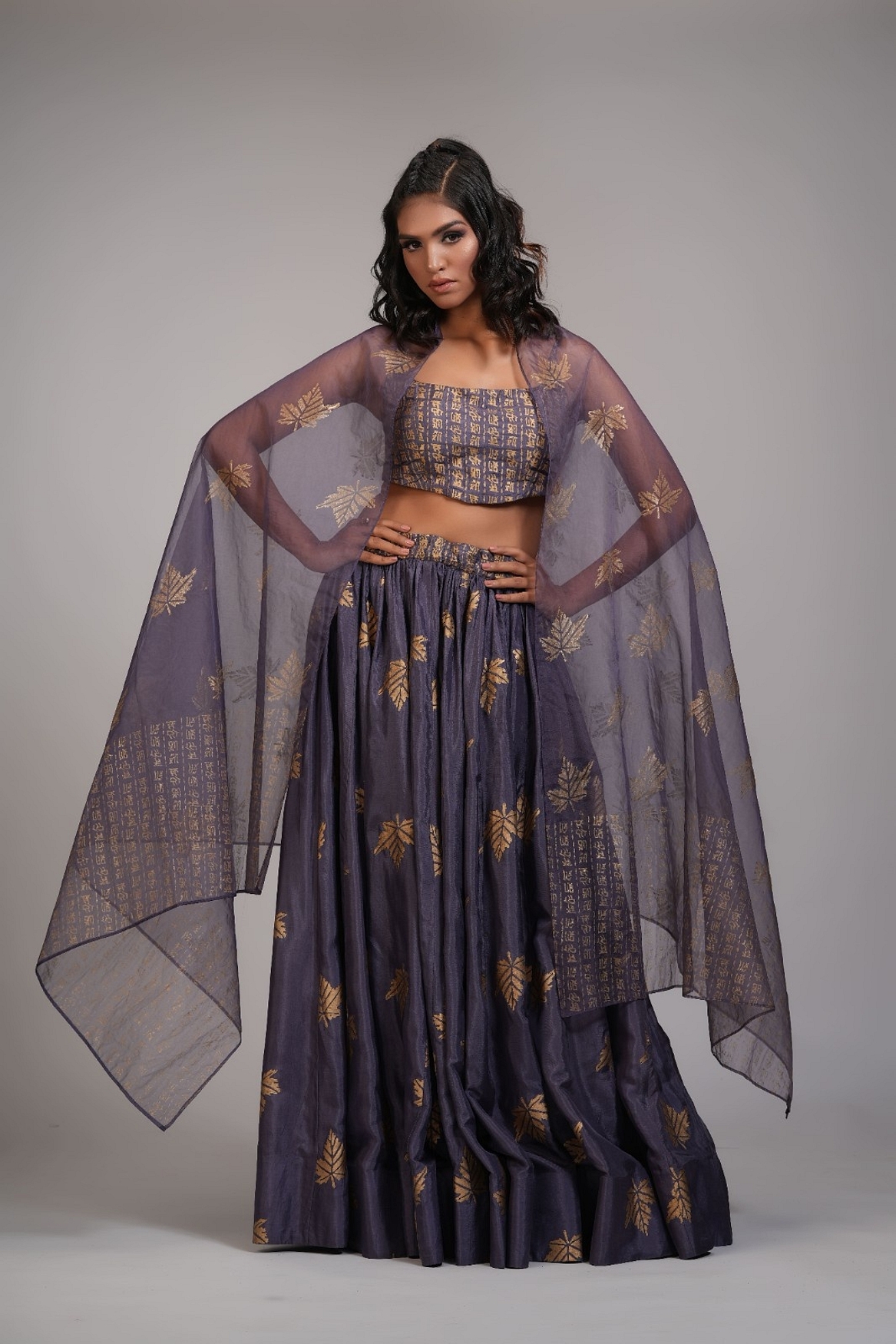 A model showcasing Falling Leaves Hand Block Printed Lehenga Set In Silk Feature image by Shruti S Label from Shruti S Label's collection