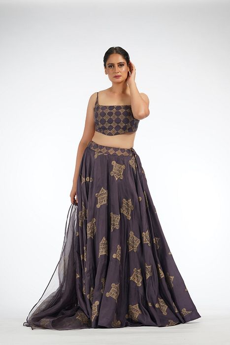A model showcasing Metallic Hand Painted Lehenga Choli by Shruti S Label from Shruti S Label's collection