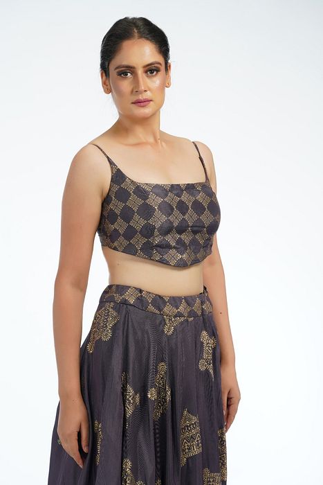 A model showcasing Metallic Hand Painted Lehenga Choli by Shruti S Label from Shruti S Label's collection