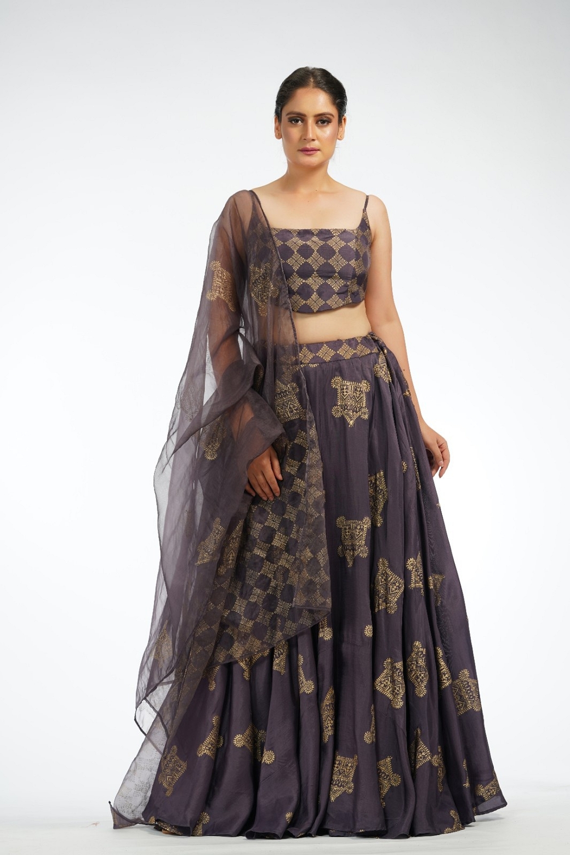 A model showcasing Metallic Hand Painted Lehenga Choli Feature image by Shruti S Label from Shruti S Label's collection