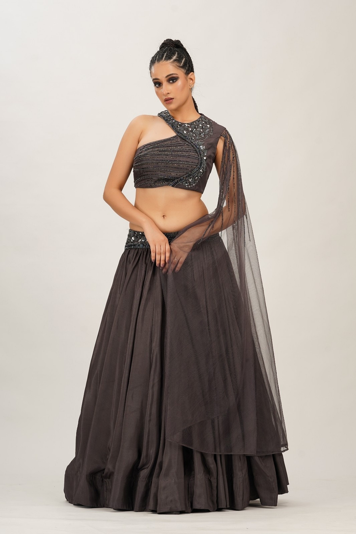 A model showcasing Lead Grey Cross Body Bustier Lehenga Feature image by Shruti S Label from Shruti S Label's collection