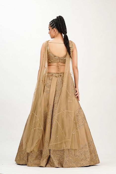 A model showcasing Gold Midal Touch Lehenga by Shruti S Label from Shruti S Label's collection