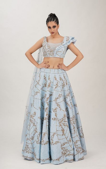 A model showcasing Powder Blue Constructed Bustier Lehenga Feature image by Shruti S Label from Shruti S Label's collection