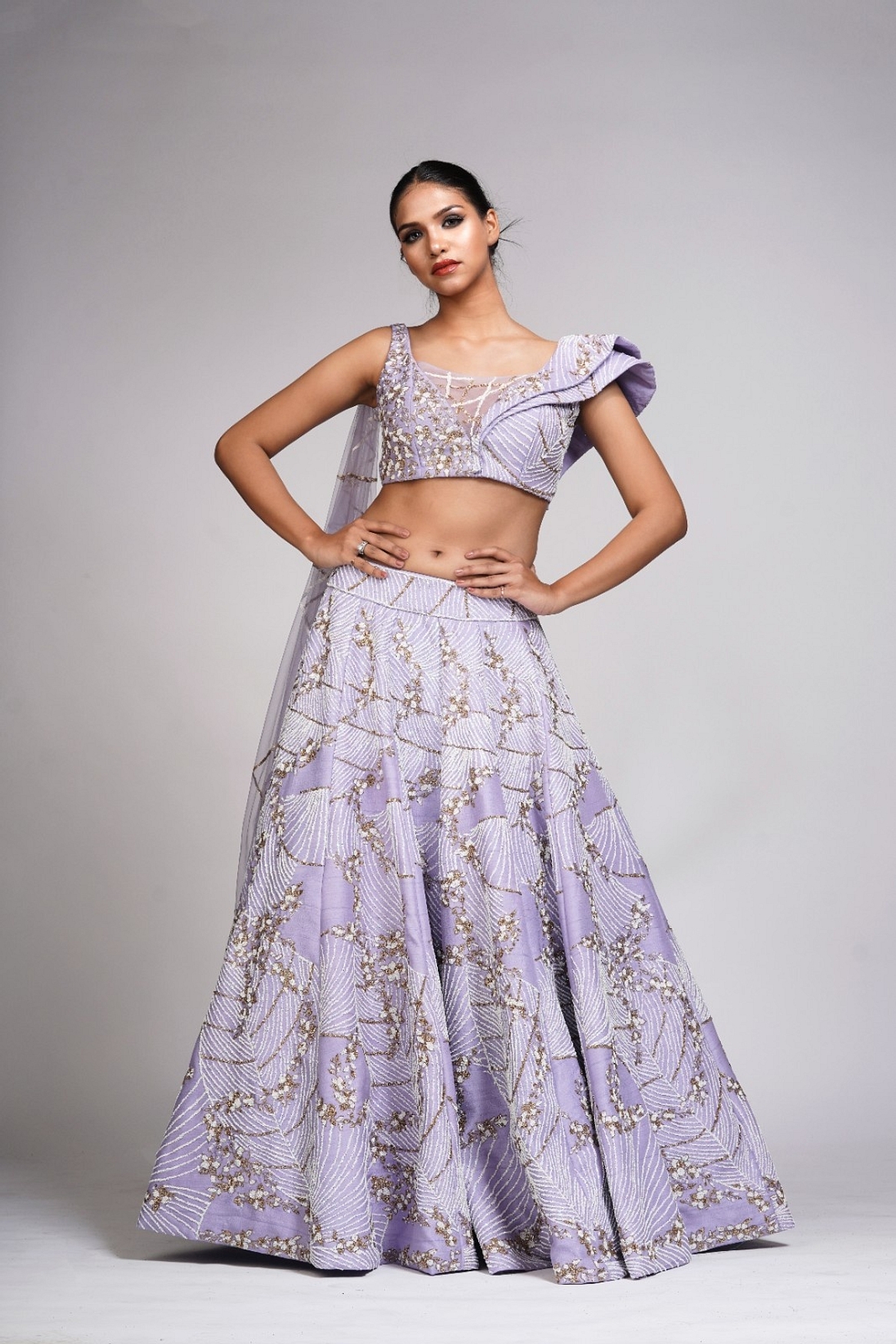 A model showcasing Lavender Lehenga With Shruti S Collar Feature image by Shruti S Label from Shruti S Label's collection