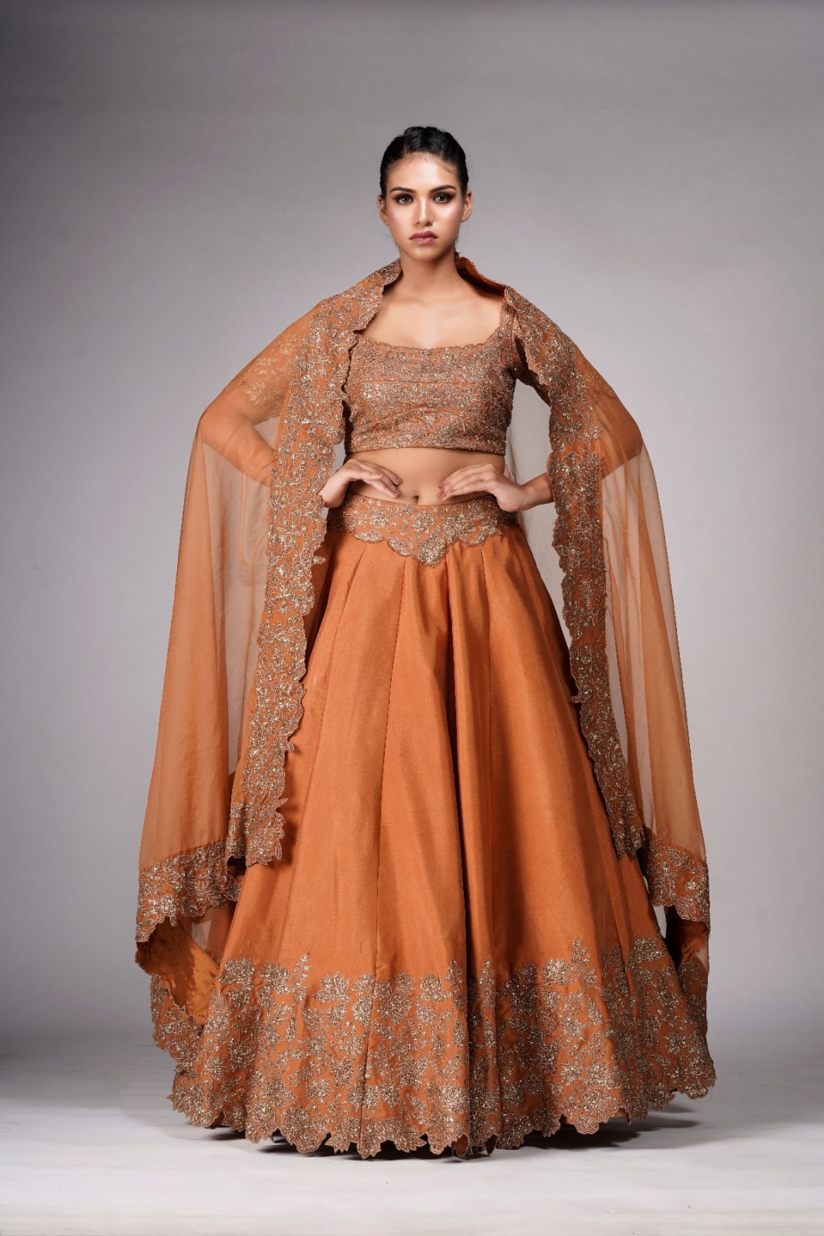 A model showcasing Cinnamon Classic Heavy Bordered Lehenga Feature image by Shruti S Label from Shruti S Label's collection