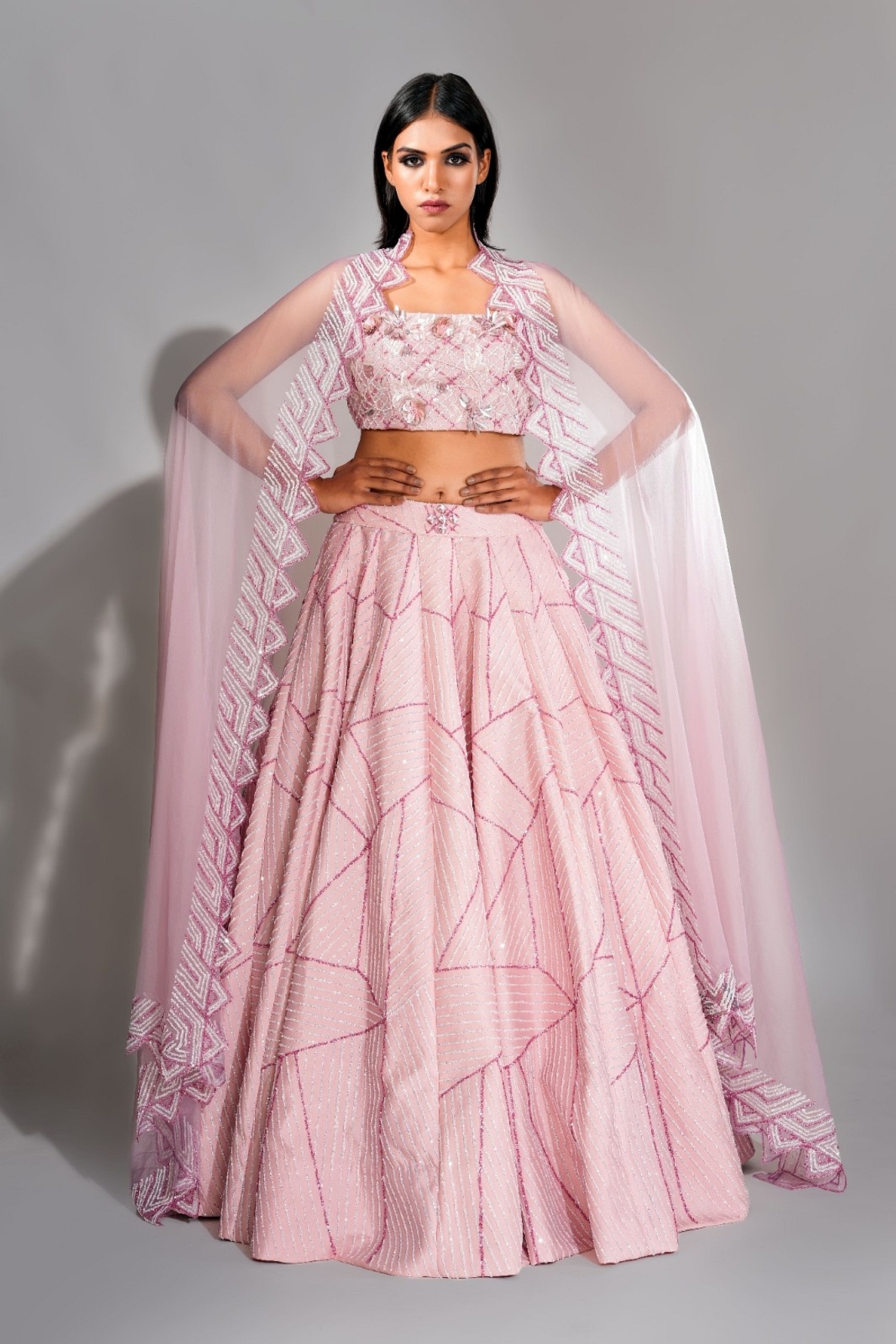 A model showcasing Pink Tone On Tone Lehenga With Sequins Work Feature image by Shruti S Label from Shruti S Label's collection