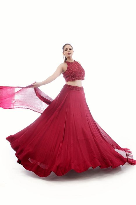 A model showcasing Halter Neck Blouse With Asymmetrical Circular Skirt by Shruti S Label from Shruti S Label's collection