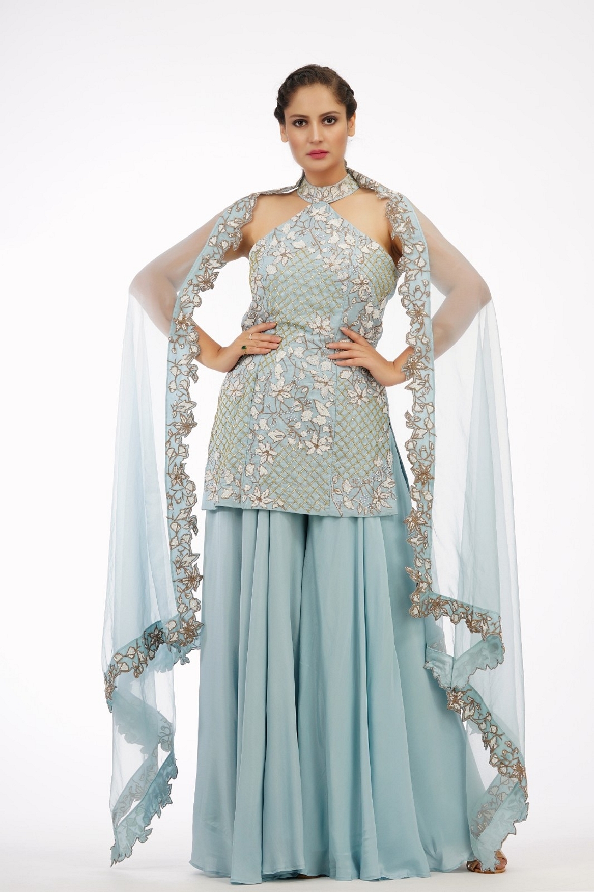 A model showcasing Ice Blue Halter Neck Sharara Set Feature image by Shruti S Label from Shruti S Label's collection