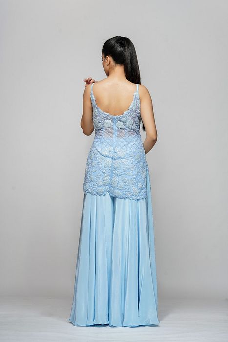 A model showcasing Ice Blue Cocktail Sharara by Shruti S Label from Shruti S Label's collection