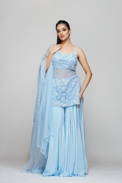 A model showcasing Ice Blue Cocktail Sharara by Shruti S Label from Shruti S Label's collection