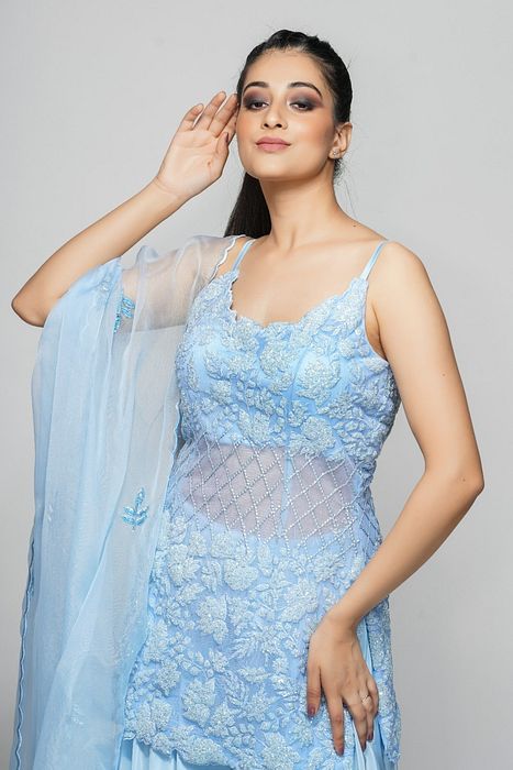 A model showcasing Ice Blue Cocktail Sharara by Shruti S Label from Shruti S Label's collection