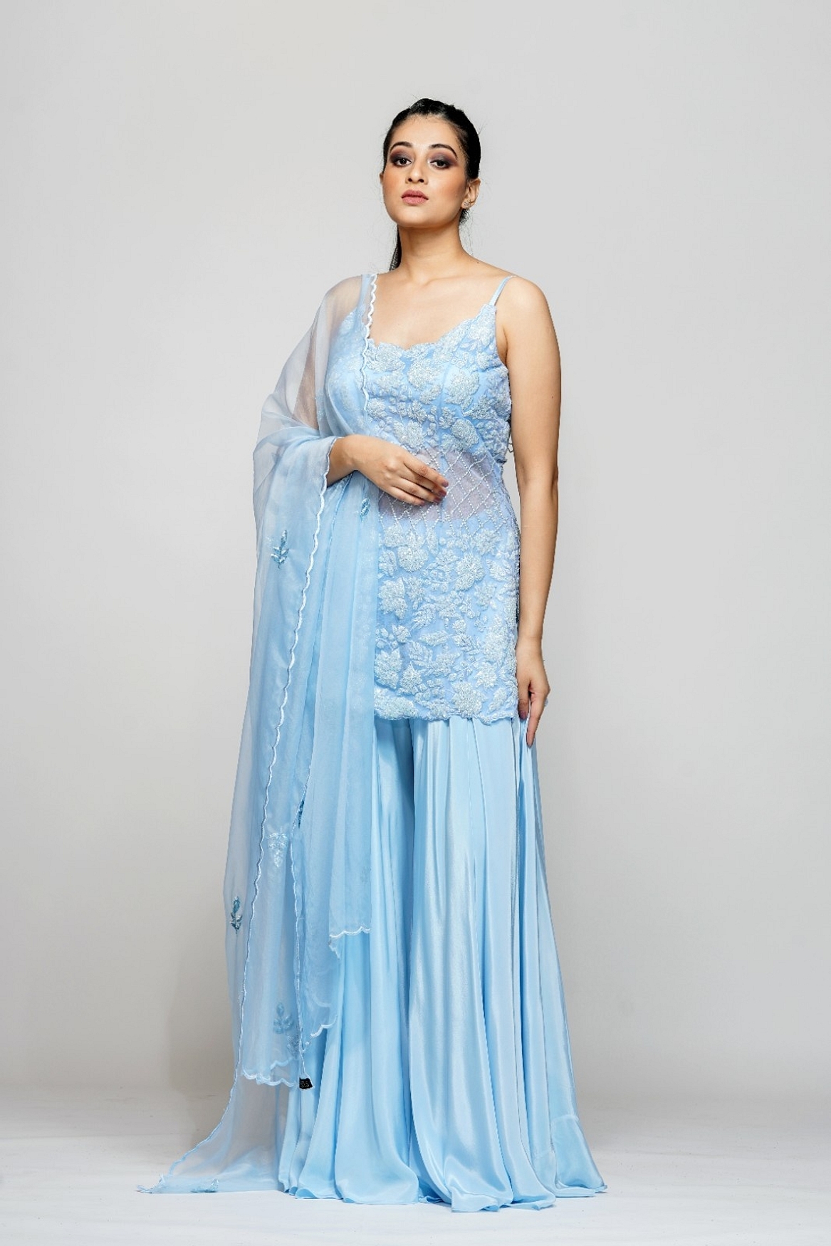 A model showcasing Ice Blue Cocktail Sharara Feature image by Shruti S Label from Shruti S Label's collection