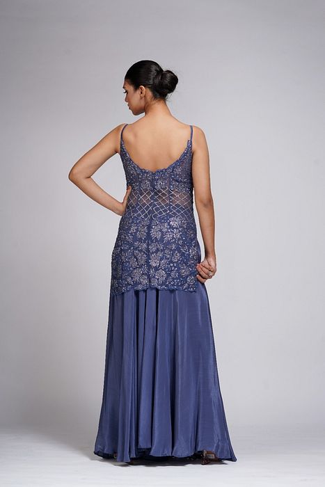 A model showcasing Space Blue Embroidered Sharara Set by Shruti S Label from Shruti S Label's collection